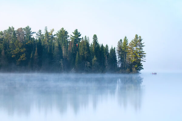 Summer Reflections - kayaker on a lake beside trees in Ontario